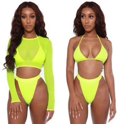 Custom 3 Pieces Bathing Suit Women Mesh Sexy Bikini Crop Top And Thong Shorts Beach Club Outfits