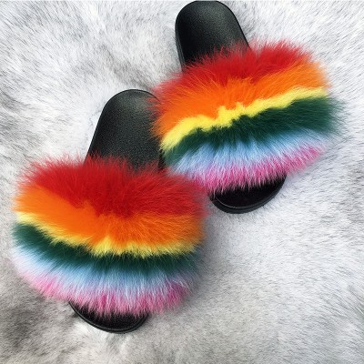 Colorful Fox Raccoon Mink Fur Slides Vendors Fur Flip Flops Womans Slippers Fluffy Flip Flops Women