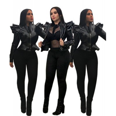 2020 New Design Fashion Tops Woman Sexy Cool Short Ruffles Black Leather Style Long Sleeve Women Jackets