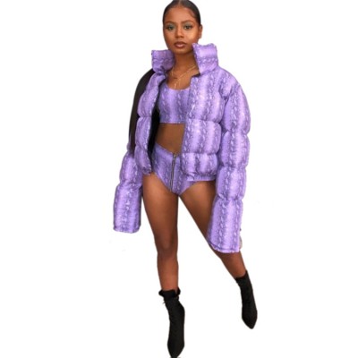 Winter Popular Purple Snakeskin Printed Girls Women Thick Short Padded Coats Shiny Jacket Women Bubble Coats