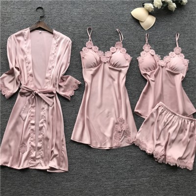 Autumn Long Sleeve Lace Nightwear Plus Size Sleepwear Women Two Piece Satin Pajamas Set Ladies Solid Loungewear