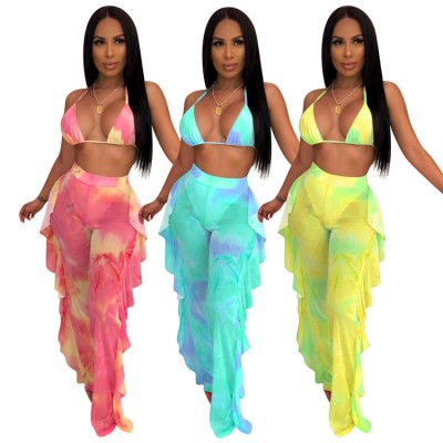 Women Bathing Suit Cover Ups Ruffle Romper Bikini Tie Dye Ruffle Sheer Wide Leg 2 Piece Beach Jumpsuit