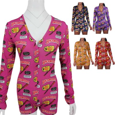 Cartoon Adult Printed Letters Adult One-Piece Pajamas Adult Sexy Tight Winter Sleepwear Pajamas Women