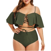 Plus Size Solid Color Ladies Sexy Ruffled Swimwear Plus Size Strappy Split Women Swimsuit